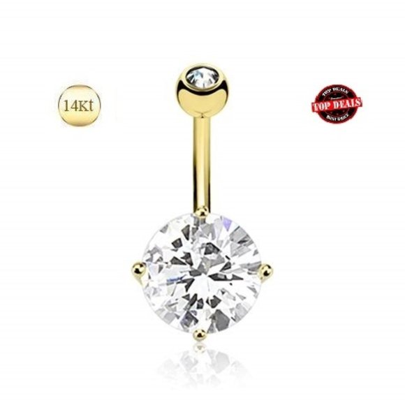 Navel ~ Pure 14kt Yellow Gold CZ 5mm Solitaire ROUND Belly Ring